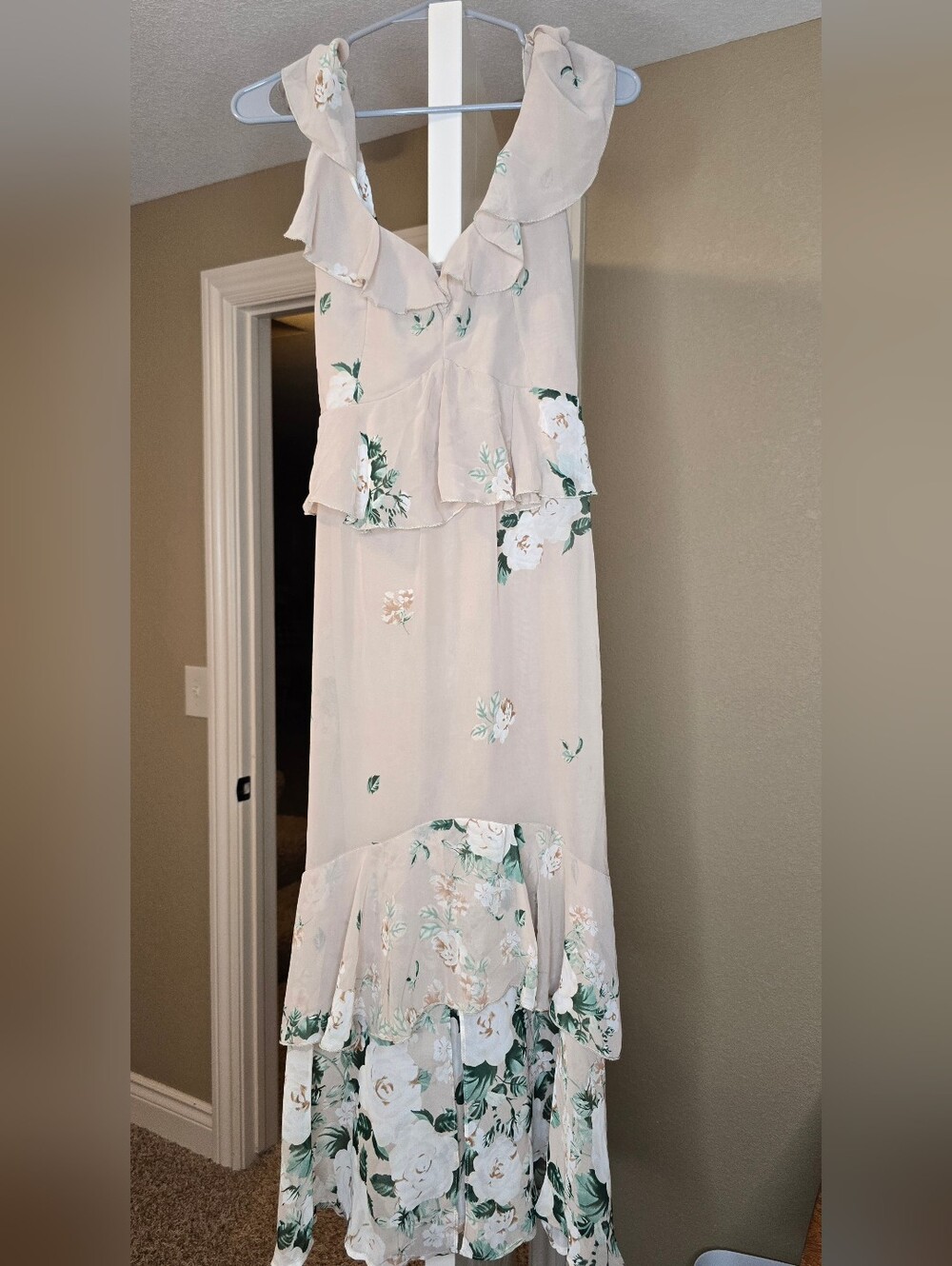 SHOW ME YOUR MUMU Floral Cream Beige Maxi Dress with Ruffle V-Neck